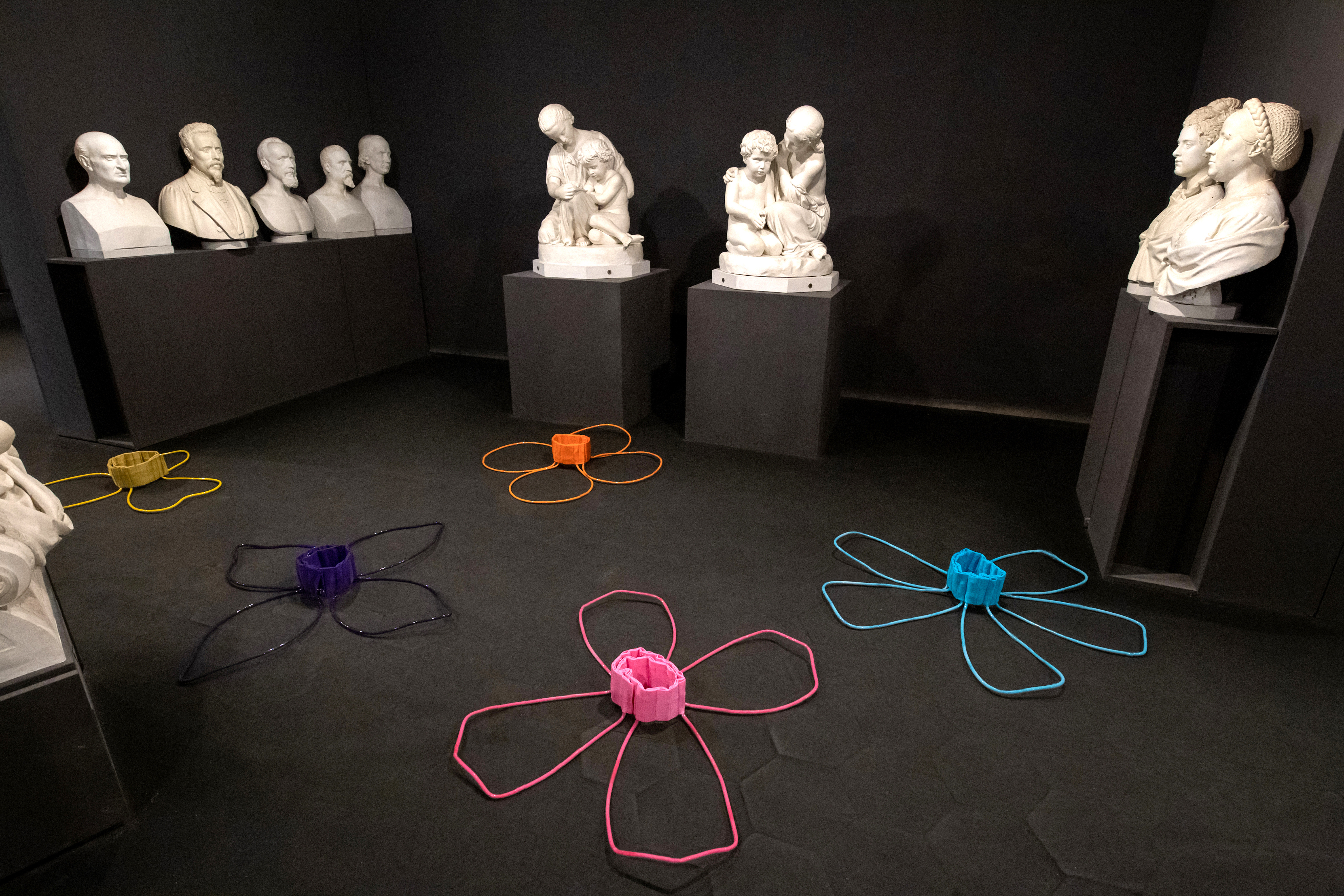 Giuseppina Giordano, Corolla Sketches, 10 wearable sculpture / acrylic paint, fabric, elastic waistband, rubber / installation view, Santa Maria Della Scala, Collezione Museo D'arte per Bambini, Siena