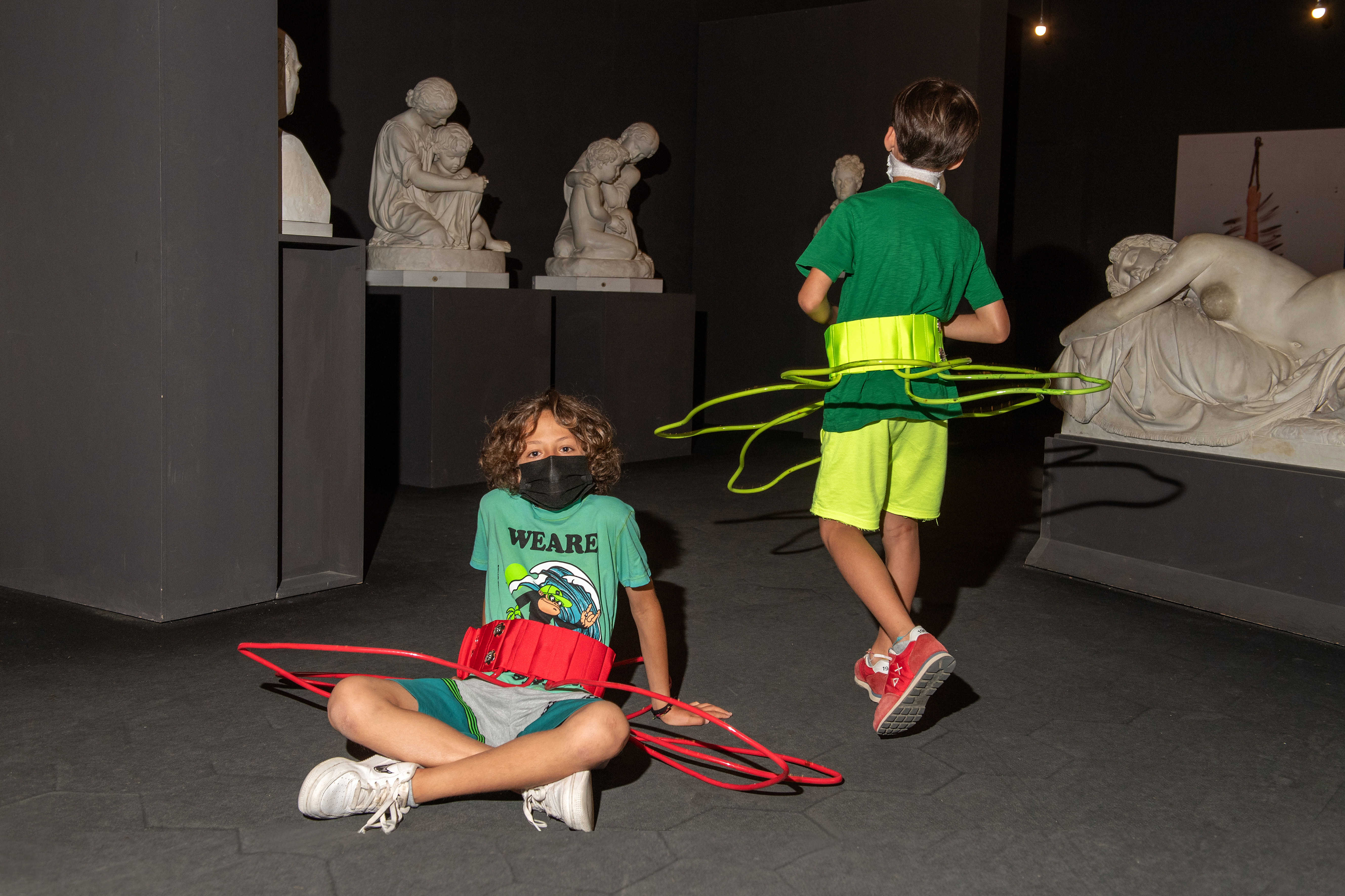 Giuseppina Giordano, Corolla Sketches, 10 wearable sculpture / acrylic paint, fabric, elastic waistband, rubber / installation view, Santa Maria Della Scala, Collezione Museo D'arte per Bambini, Siena