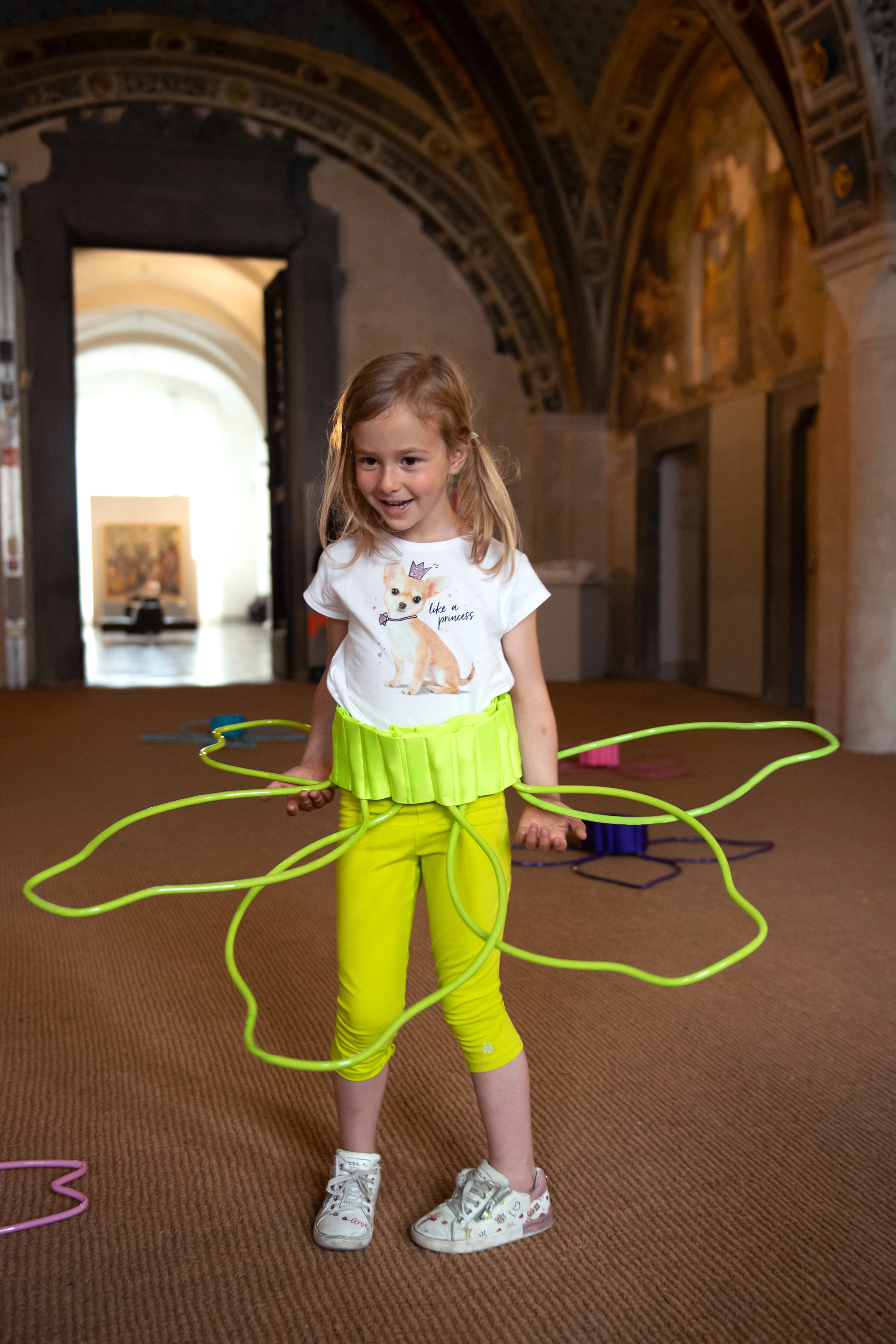 Giuseppina Giordano, Corolla Sketches, 10 wearable sculpture / acrylic paint, fabric, elastic waistband, rubber / installation view, Santa Maria Della Scala, Collezione Museo D'arte per Bambini, Siena