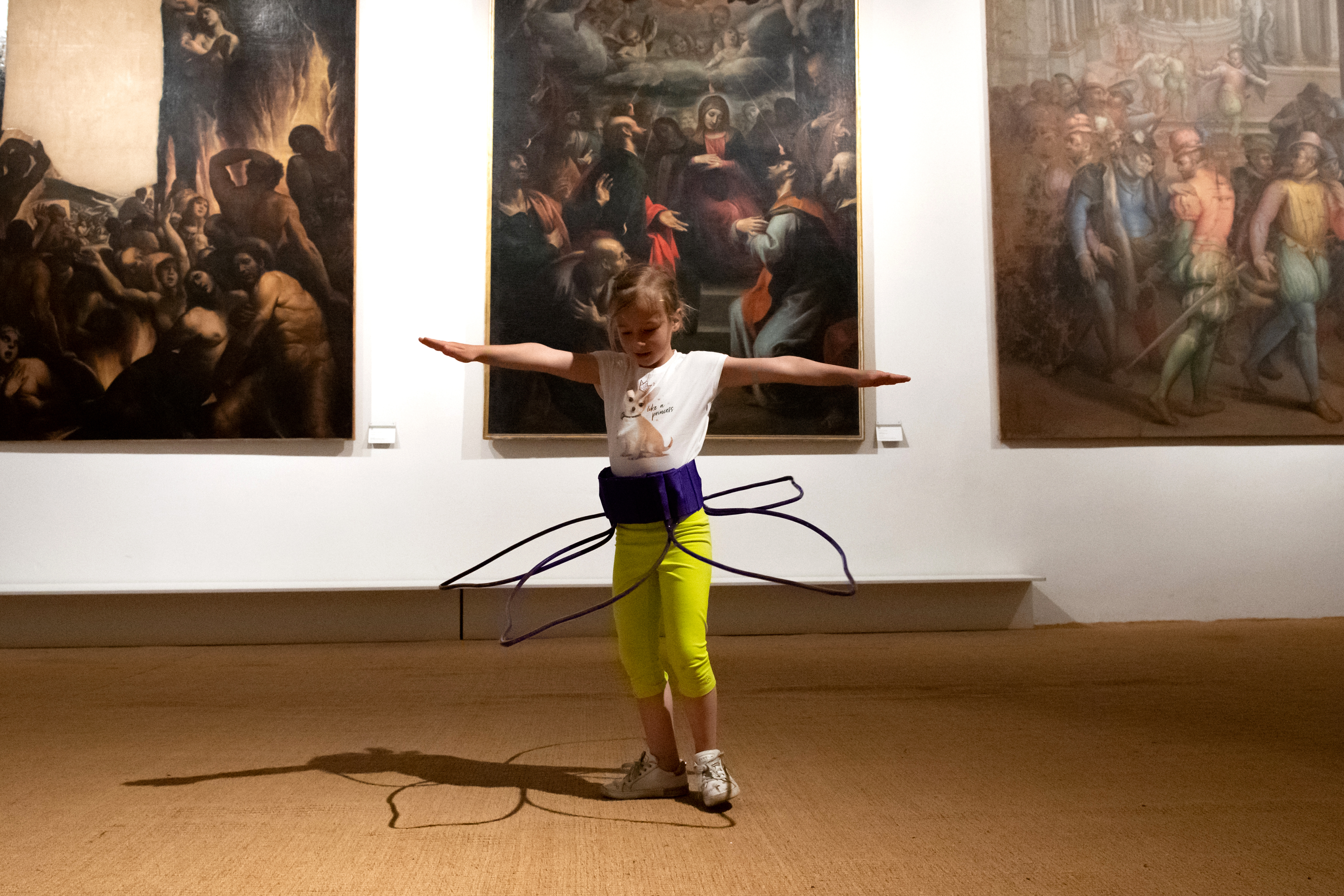 Giuseppina Giordano, Corolla Sketches, 10 wearable sculpture / acrylic paint, fabric, elastic waistband, rubber / installation view, Santa Maria Della Scala, Collezione Museo D'arte per Bambini, Siena
